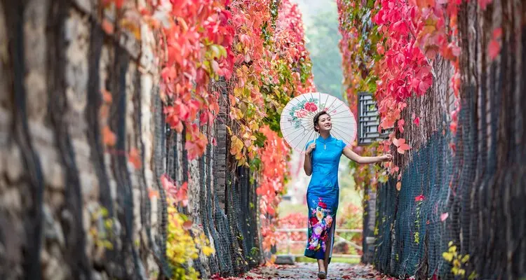 a girl in an old town