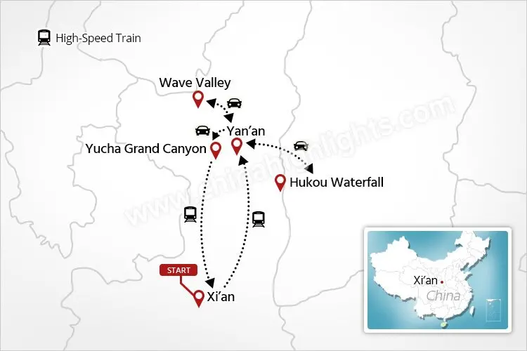 Xi'an, Wave Valley & Yucha Grand Canyon Tour Map