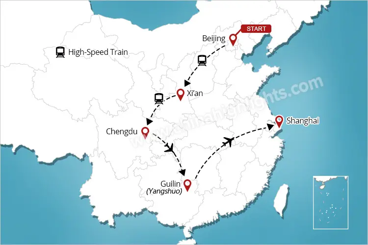 Beijing Xian Chengdsu Guilin tour map