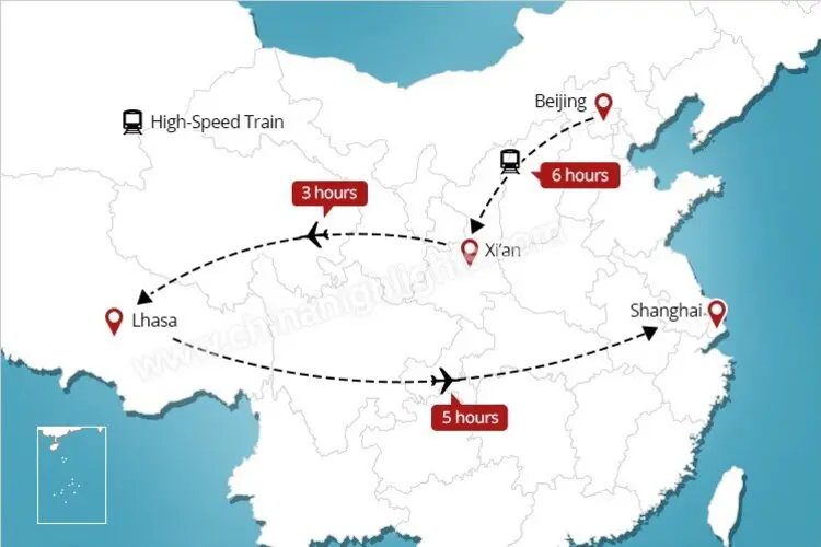 Beijing Xian Lhasa Shanghai tour map