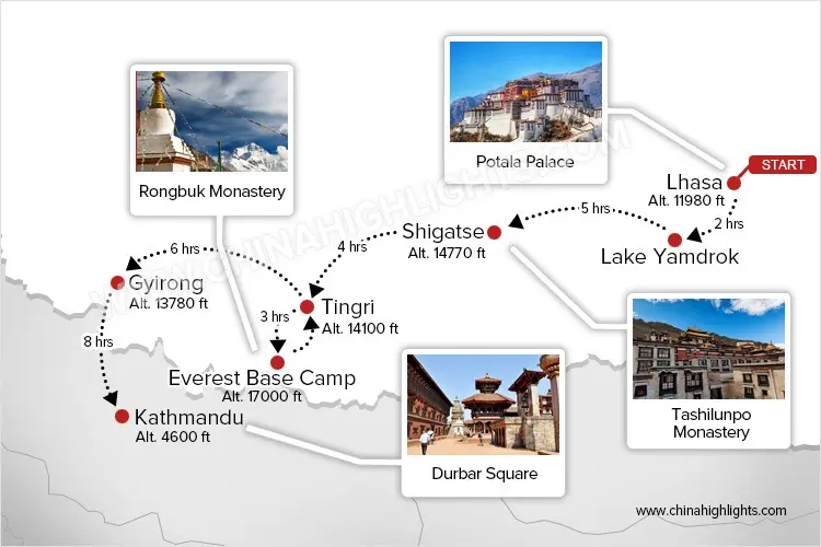 Overland Trip from Lhasa to Kathmandu Map