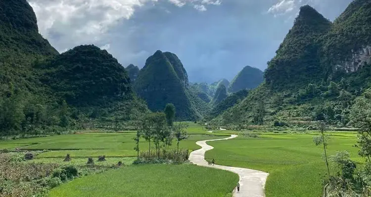 green fields and peaks