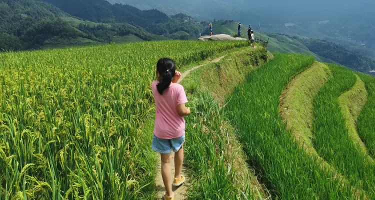 a girl in pink shirt walking in the terrace