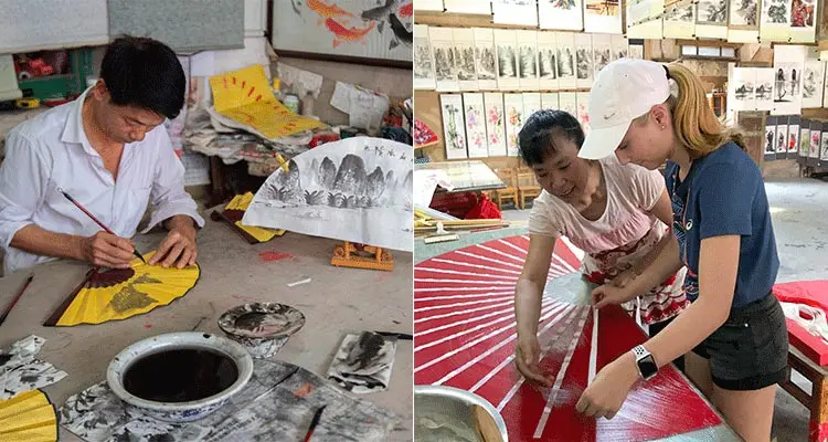 paint a paper fan in Yangshuo