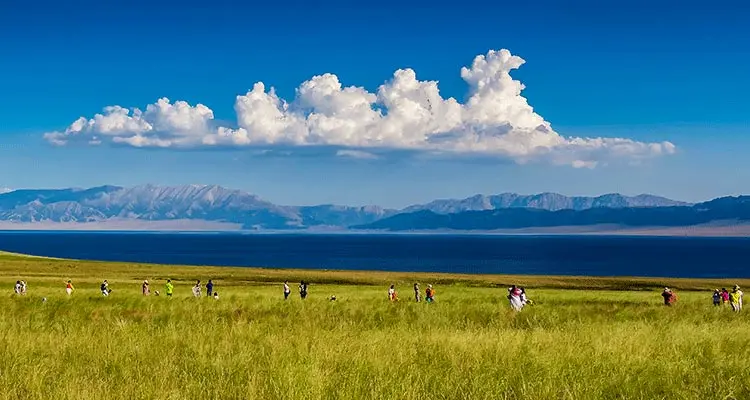 Walking on the grass land by the blue lake
