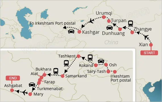 silk road tour map from China to Central Asia