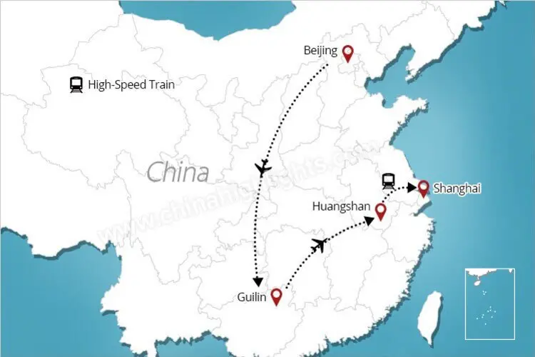Beijing Guilin Huangshan Shanghai tour map