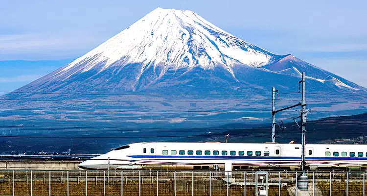 Shinkansen train passing Mt. Fuji
