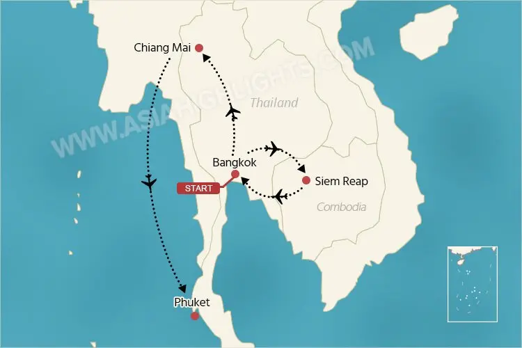 Thailand and Cambodia tour map