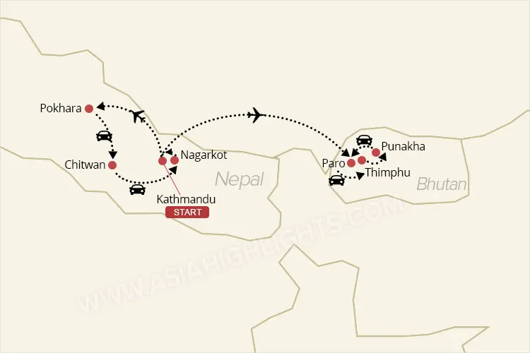 Nepal and Bhutan tour map