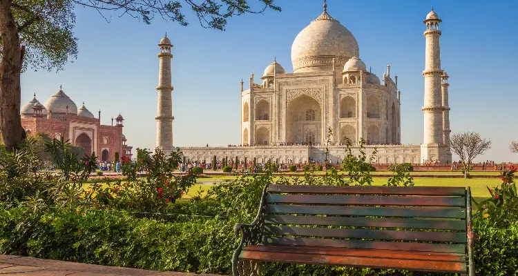 a lady with pink dress at Taj Mahal