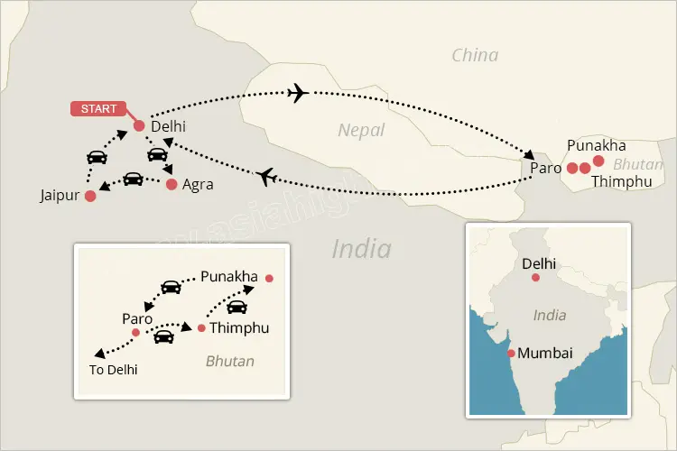 India and Bhutan tour map