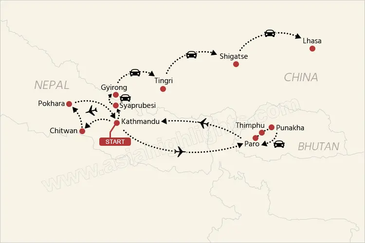 nepal tibet bhutan tour map