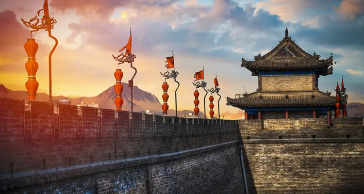 sunset at the ancient city wall of Xian