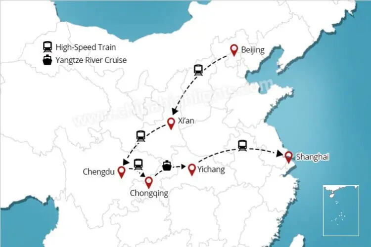 14-Day Yangtze River Cruise and Panda Family Tour map