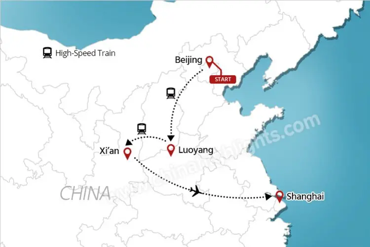 10-Day Chinese Kung Fu Tour with Shaolin Temple tour map